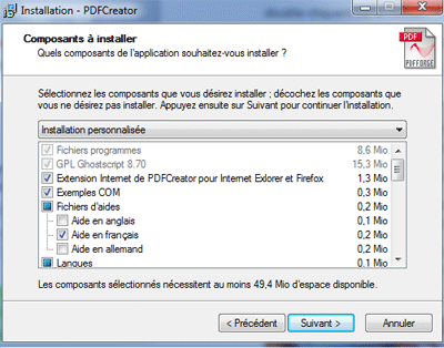 Installation des composants pdfcreator